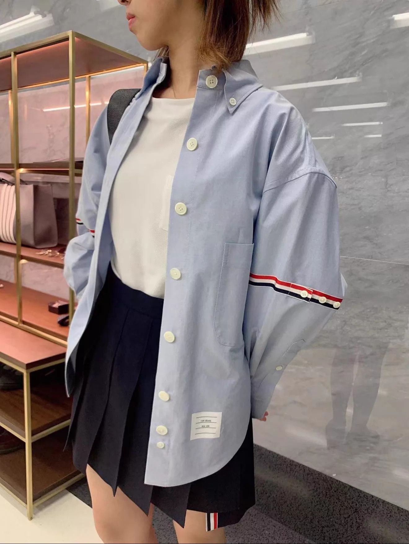 Thom Browne TB Women's Classic Double Badge Blue Oxford Oversized Shirt Size S / US 4 / IT 40 - 7 Thumbnail