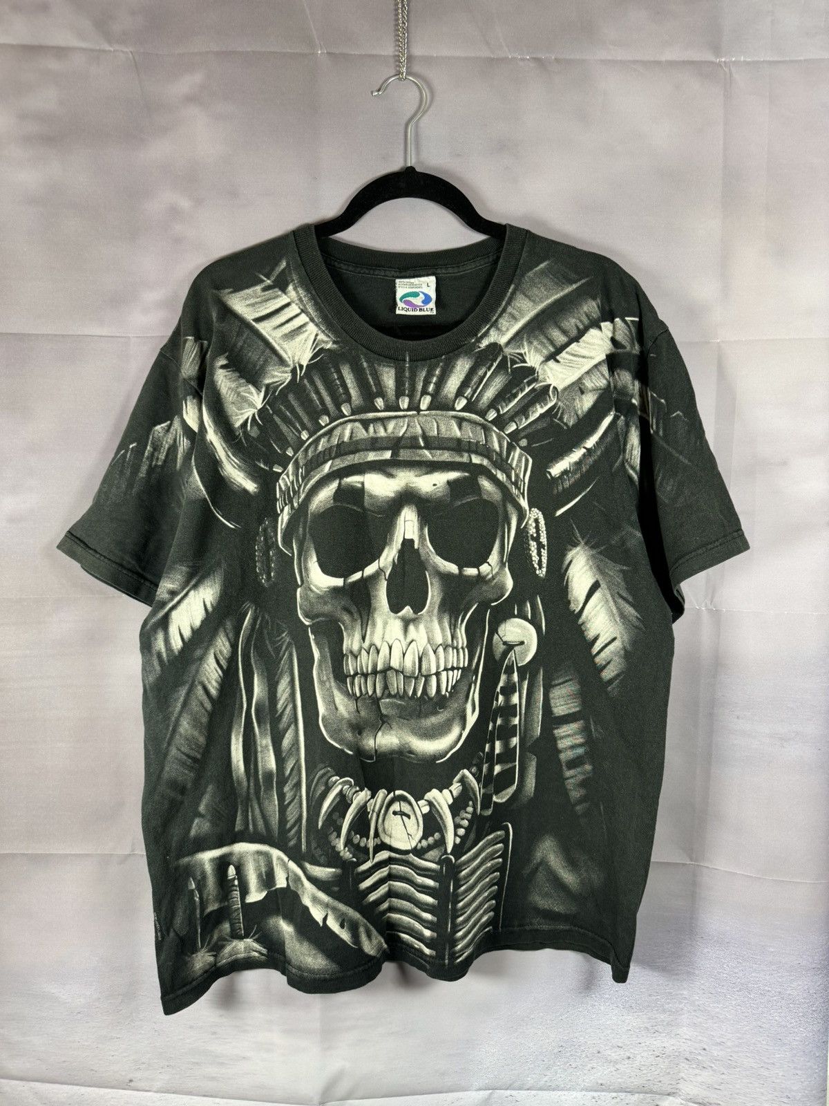90’s Vintage 1997 Liquid Blue Shirt XL Skeleton Indian AOP