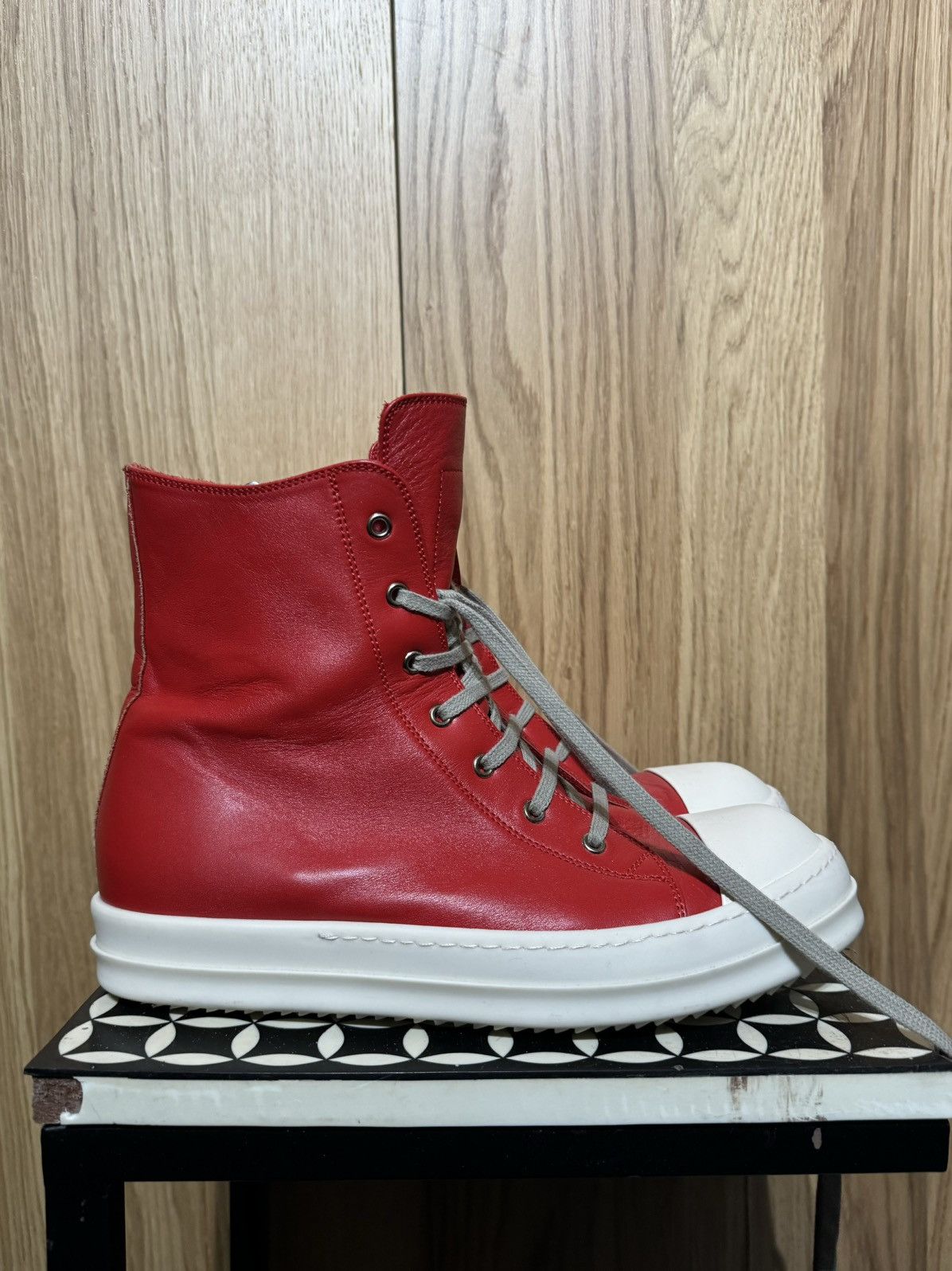 Pre-owned Rick Owens New Mainline Chili Red / Milk Ramones Leather 43 10us Shoes