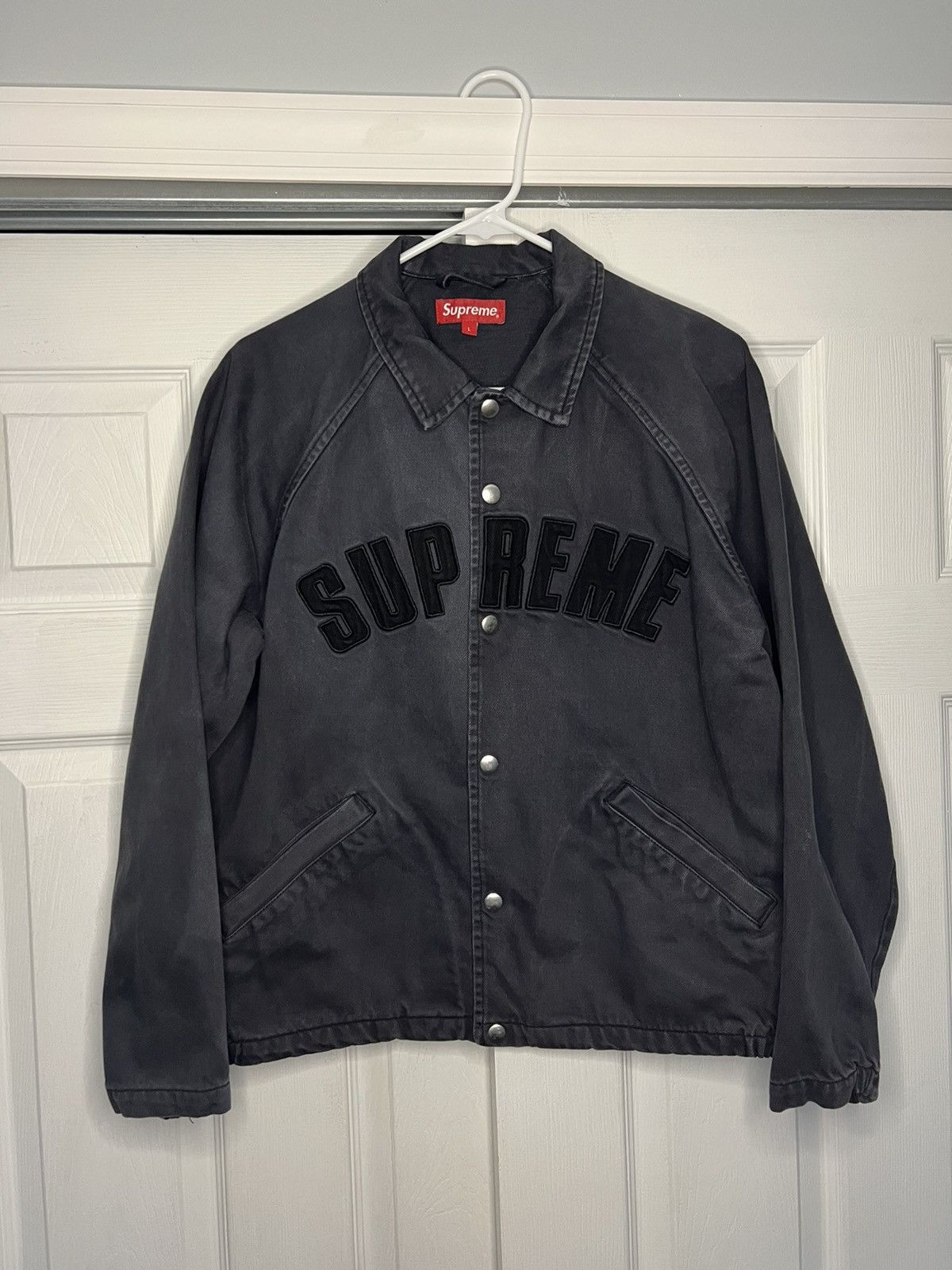 image of Supreme Arc Logo Denim Jacket in Black, Men's (Size Large)
