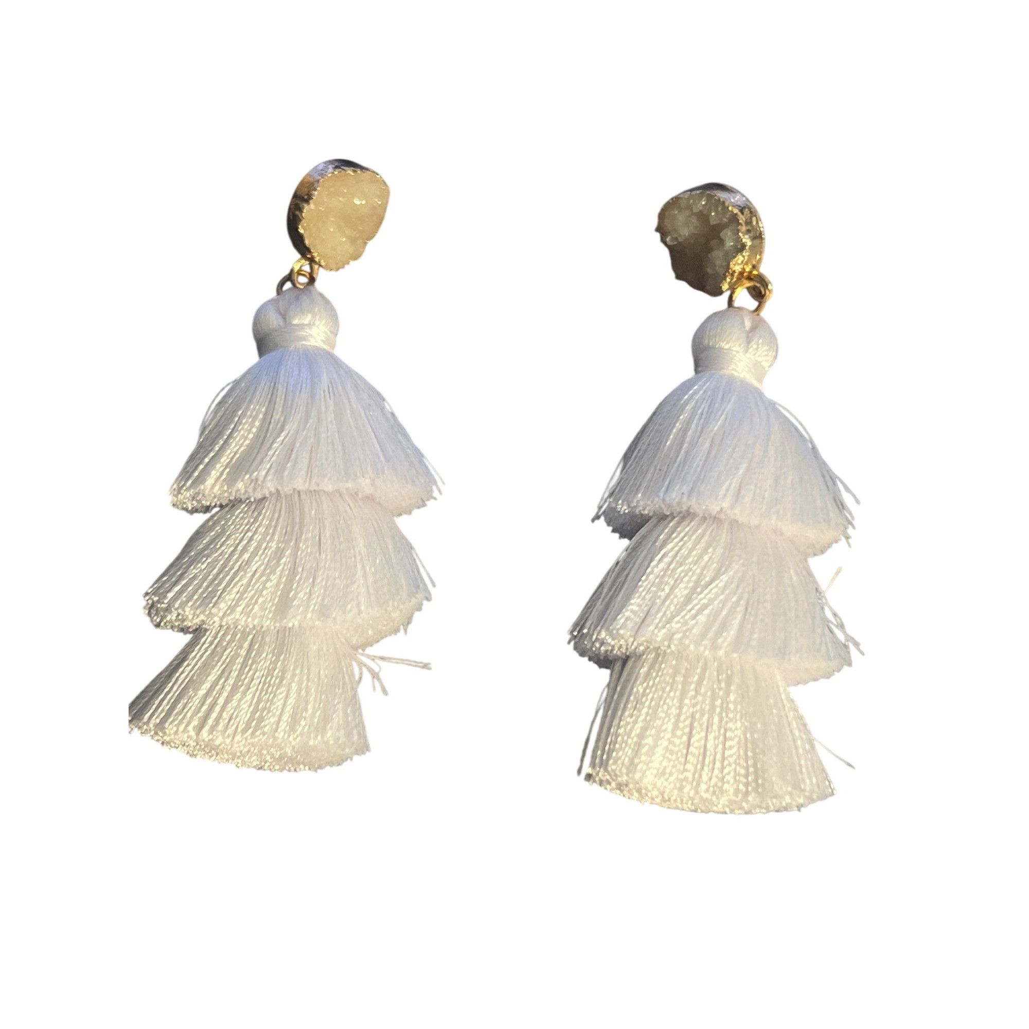 Other White Tassel Statement Earrings Druzy Stone Studs 3 Tiered P Size ONE SIZE - 1 Thumbnail