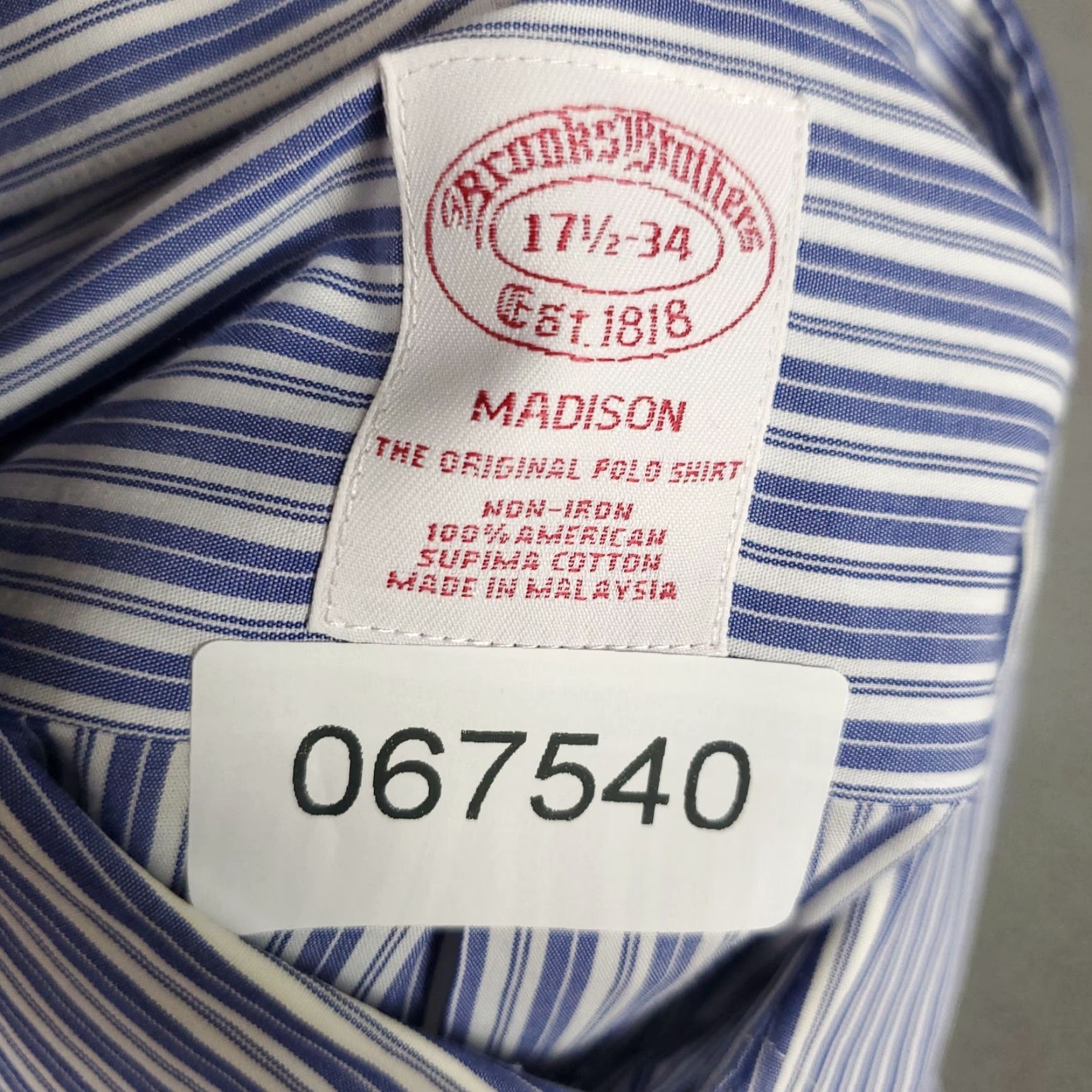 Brooks Brothers Brooks Brothers Shirt Mens 17.5 Blue Striped Madison Dress Button Up Long Sleeve Shirt Regular Size 48R - 7 Thumbnail