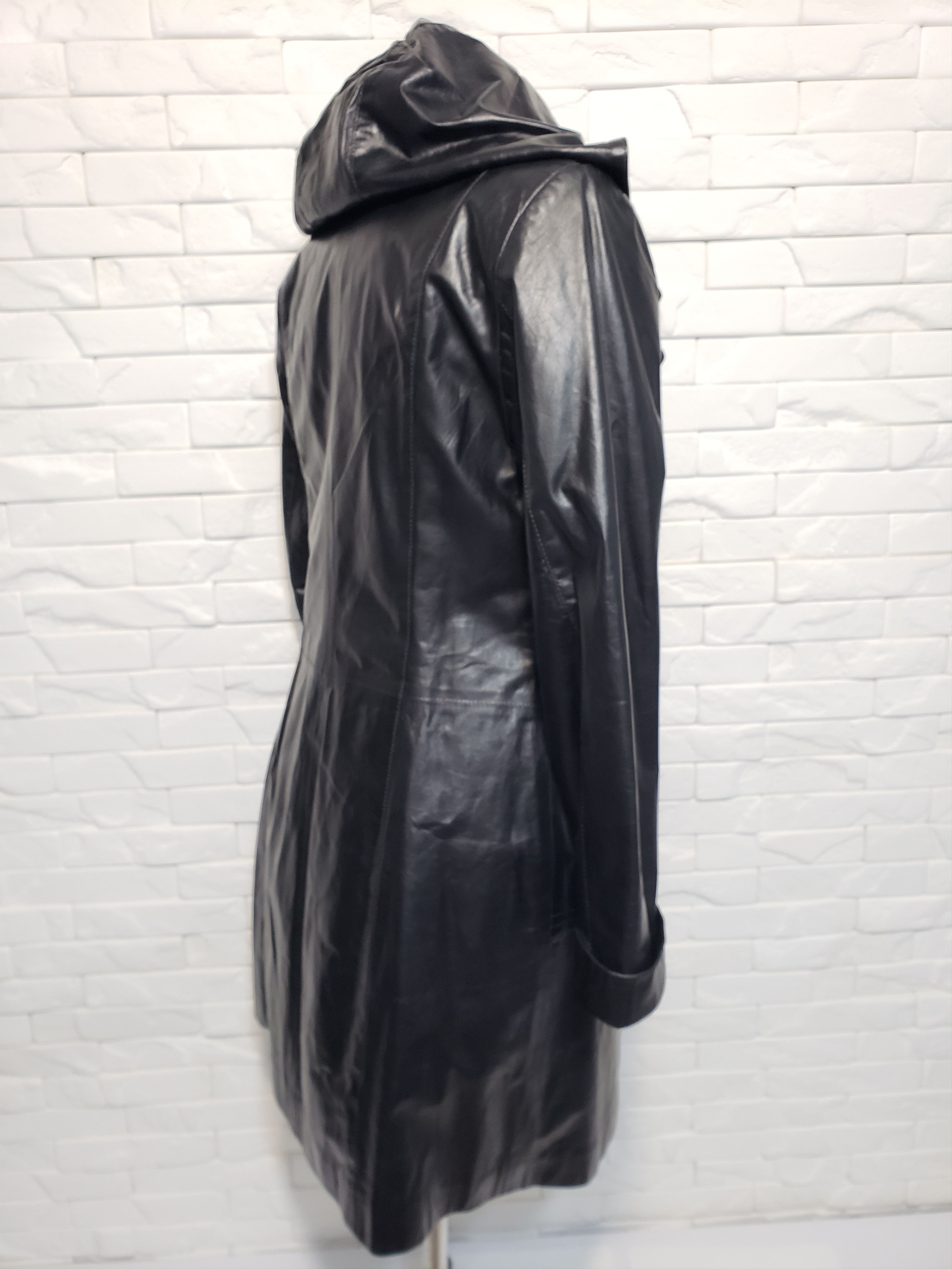 Genuine Leather Black women's jacket with a hood. Size L / US 10 / IT 46 - 5 Thumbnail