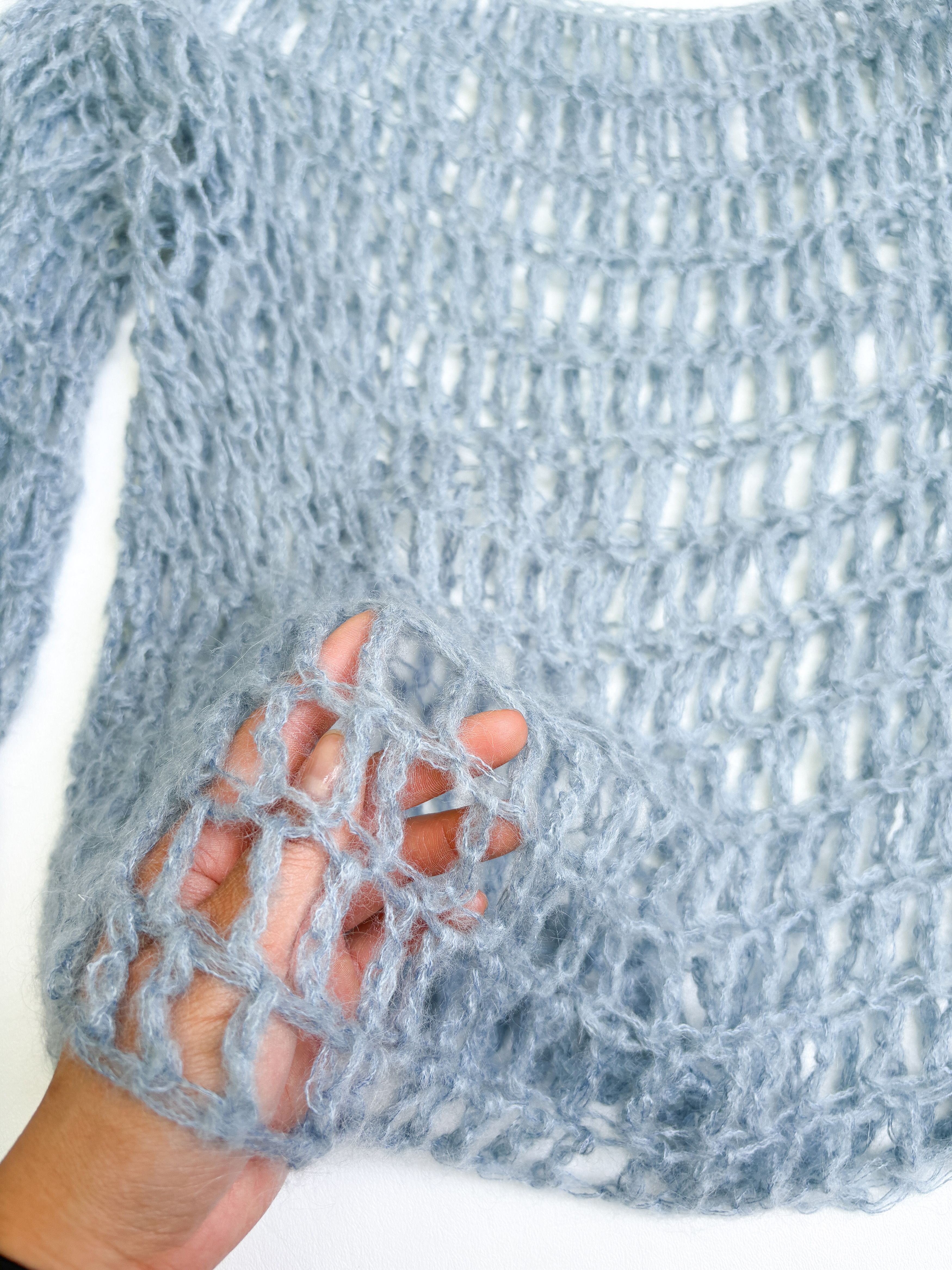 Handmade × Vintage Handmade Mohair Crochet Open Knit Sweater in Baby Blue Size M / US 6-8 / IT 42-44 - 2 Thumbnail