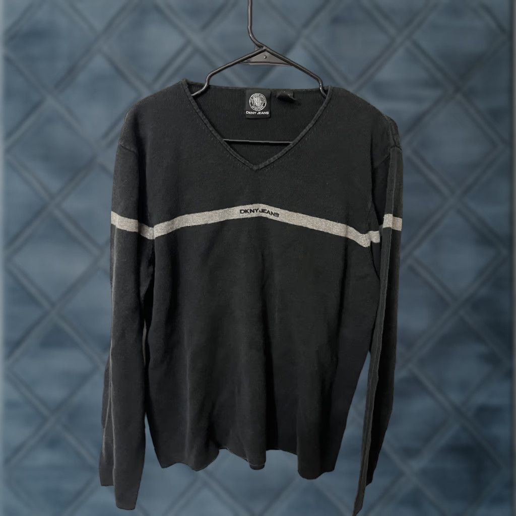 Vintage Dkny Jeans Sweater Large Cotton Black Striped V Neck Long Sleeve Mens Size US L / EU 52-54 / 3 - 1 Thumbnail