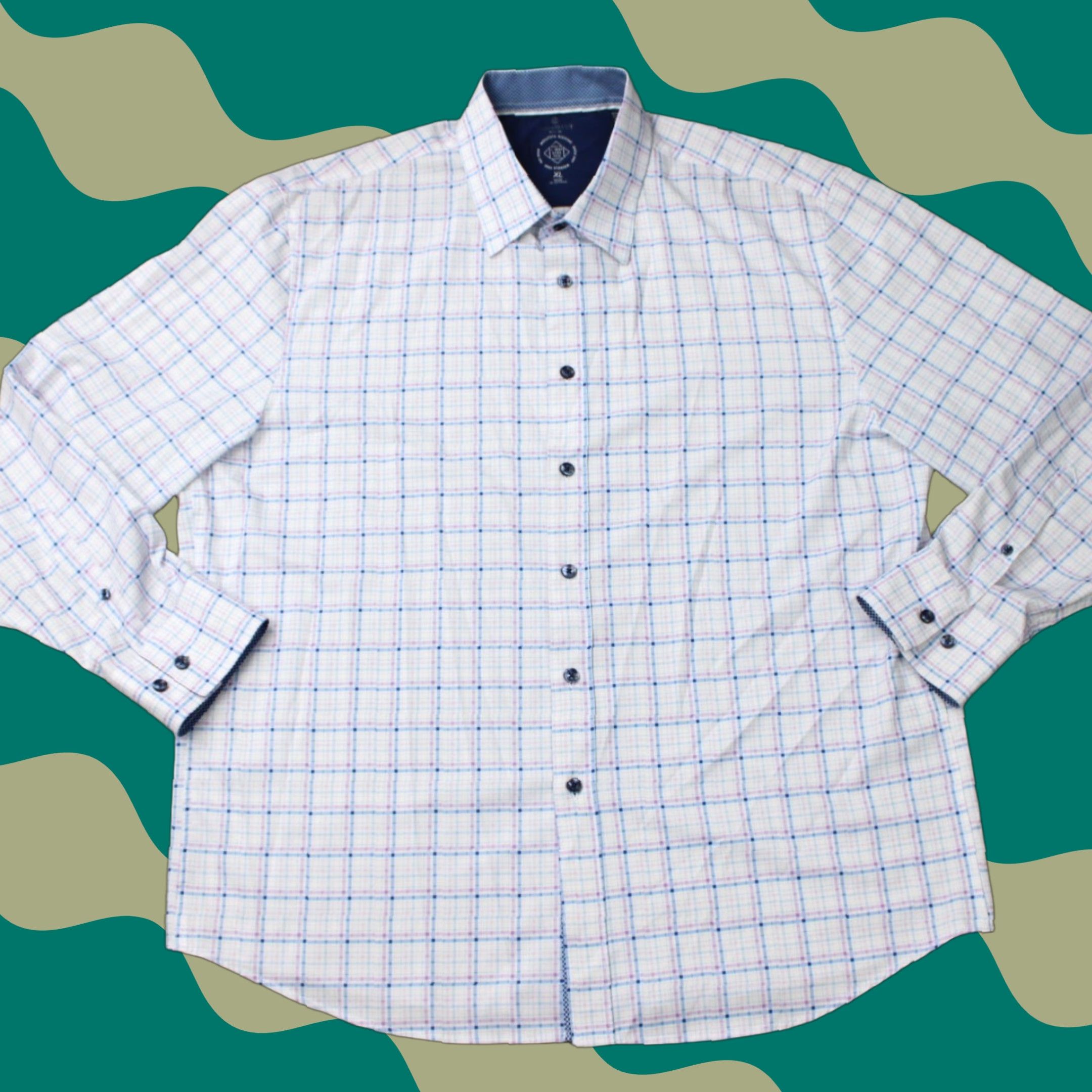 Vintage Construct Shirt Mens XL White/Blue Slim Fit Button-Up Wrinkle Free No Iron L/S Check 90s Casual Formal Workwear Mens Size US XL / EU 56 / 4 - 1 Thumbnail