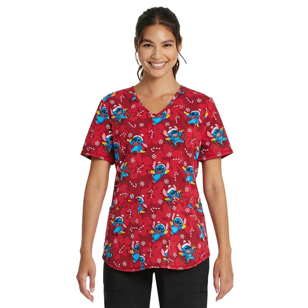Disney Scrubstar Christmas Candy Stitch Scrub holiday Top V-neck Size M / US 6-8 / IT 42-44 - 1 Thumbnail