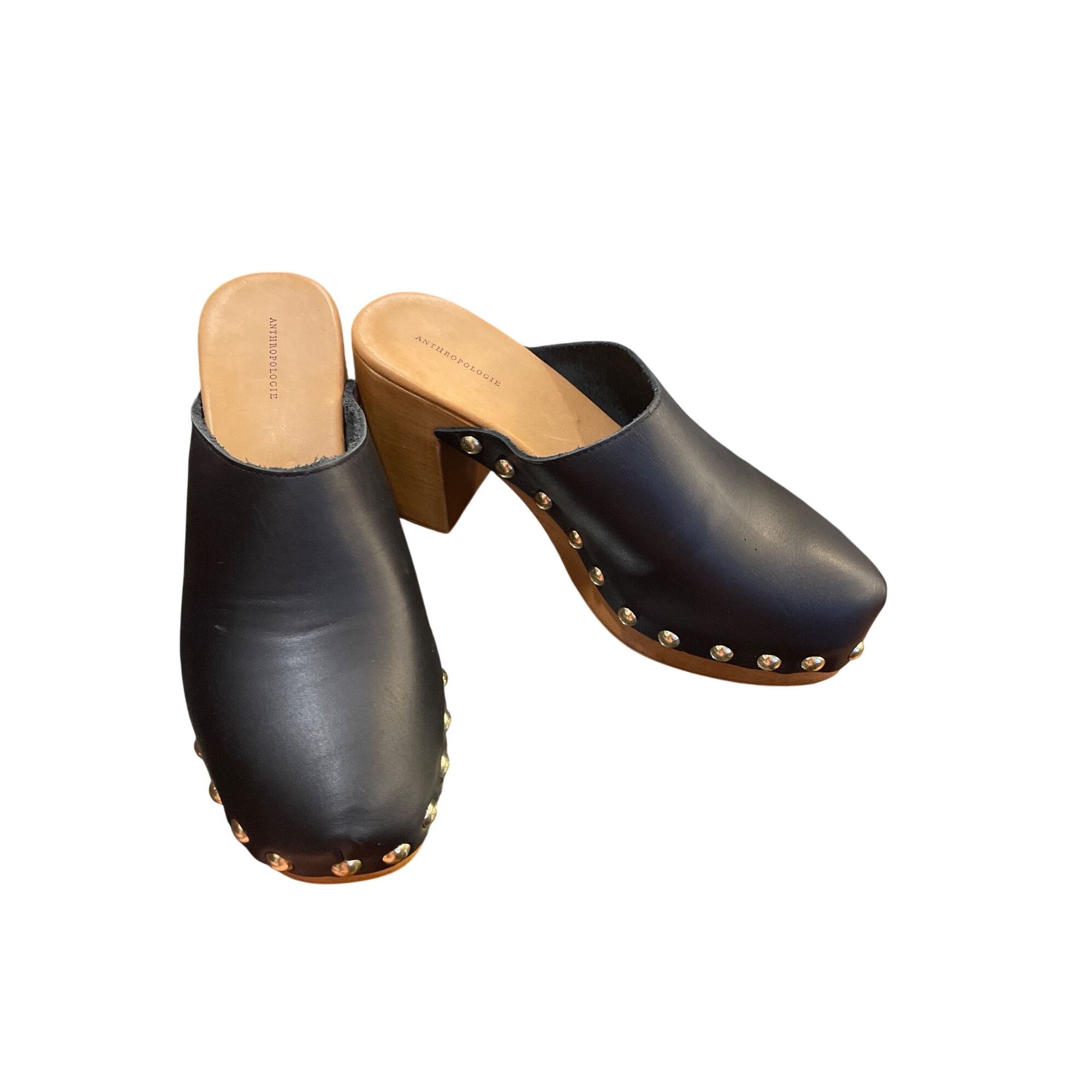 Anthropologie Anthropologie wms black leather 3.5" block heeled clogs shoe Size US 9.5 / IT 39.5 - 1 Thumbnail