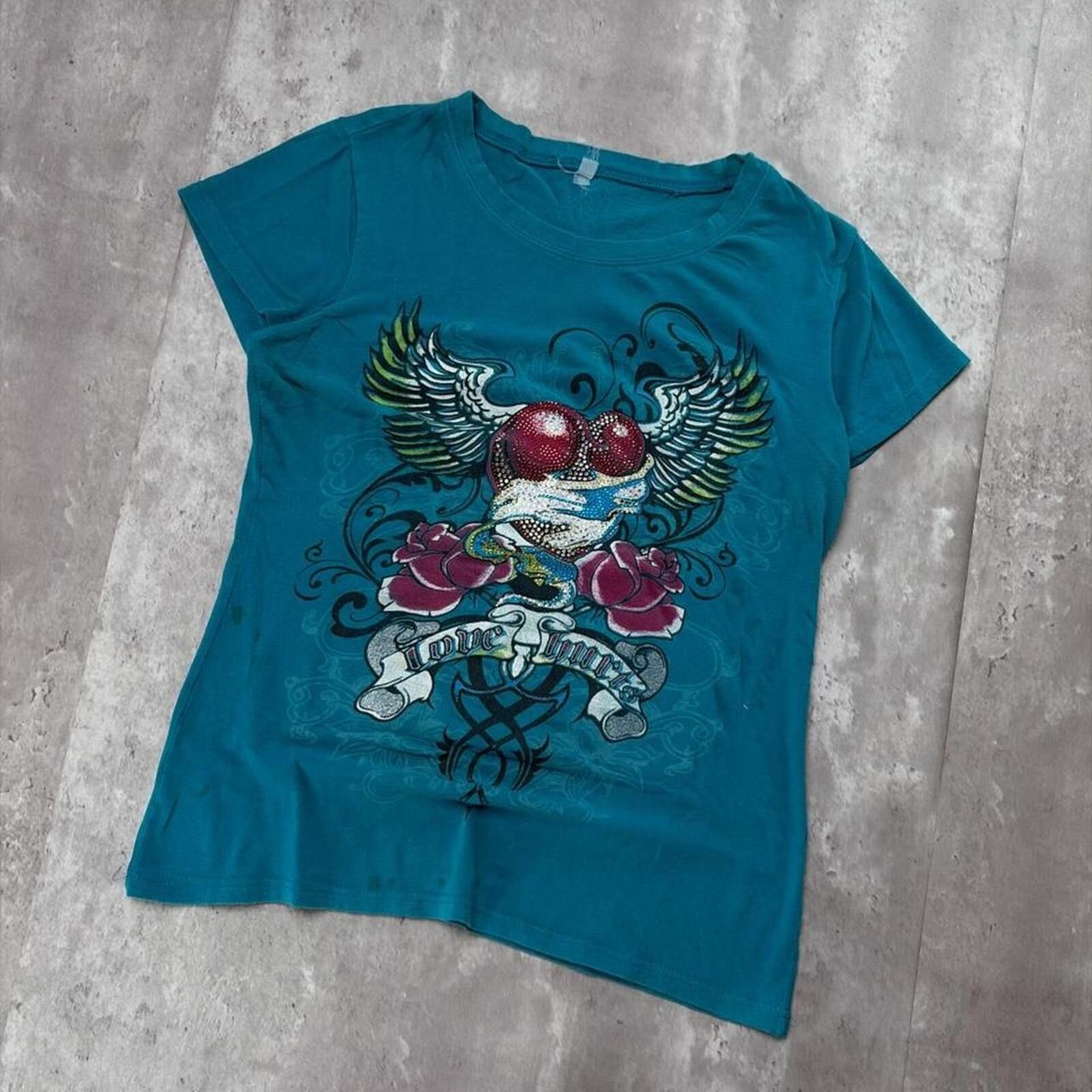 Other Y2K Teal Love Hurts Grunge Gothic Embellished T-Shirt Size M / US 6-8 / IT 42-44 - 2 Thumbnail