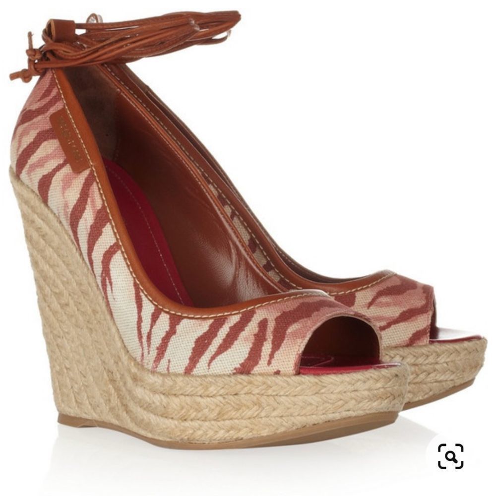 image of Nib Sergio Rossi Tiger Print Canvas Wedge Sandals in Brown, Women's (Size 7)