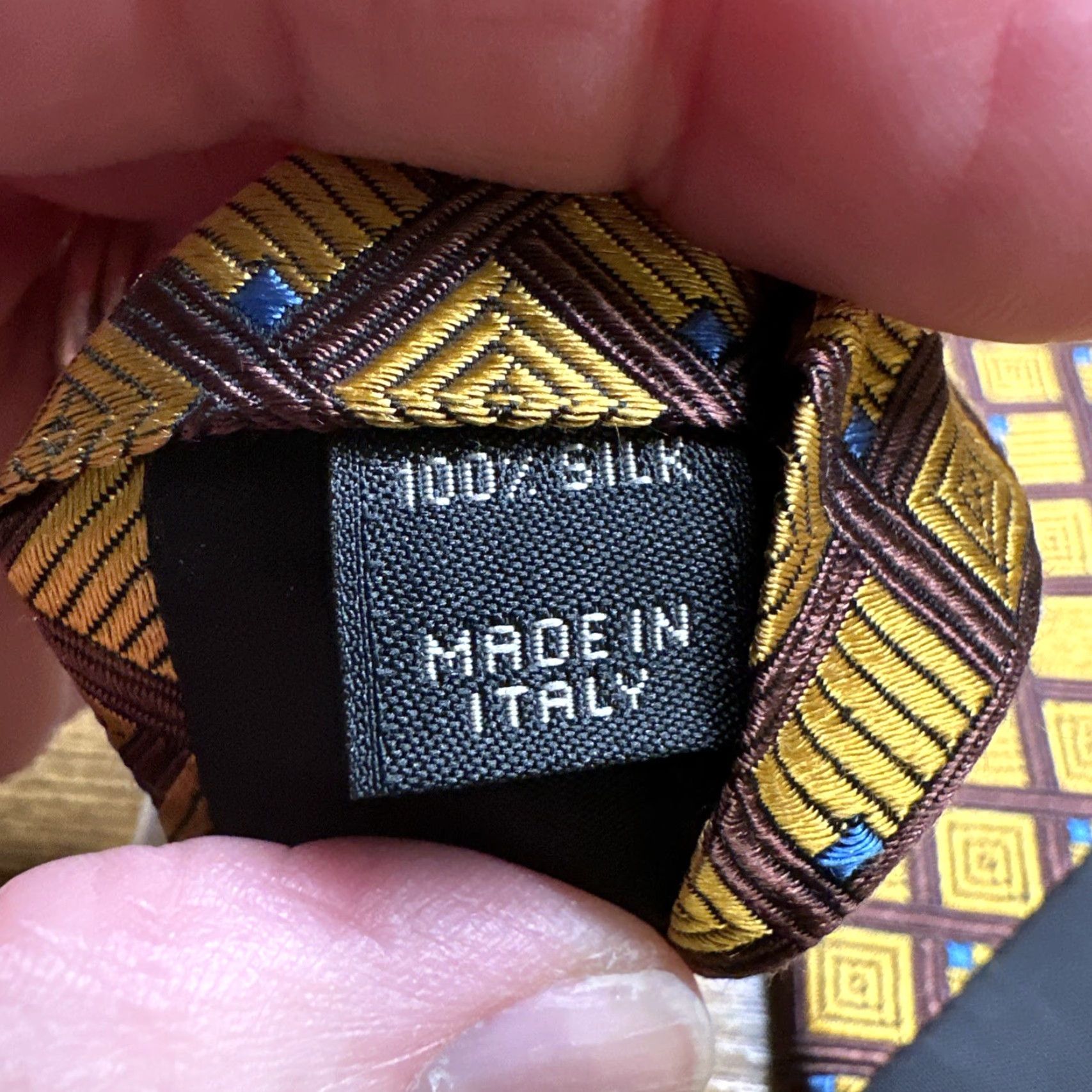 Vintage Jos A Bank Mens Silk Tie Geometric Necktie Italy Gold Blue Brown 100% Silk Classic Length 58" Width 4" Logo Wedding Preppy Designer Mens Size ONE SIZE - 3 Thumbnail