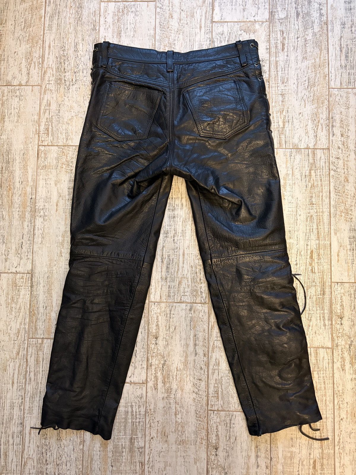 Other Leather Pants Side Lace Up Black Motorcycle Rocker W32 W33 Size US 33 - 3 Thumbnail