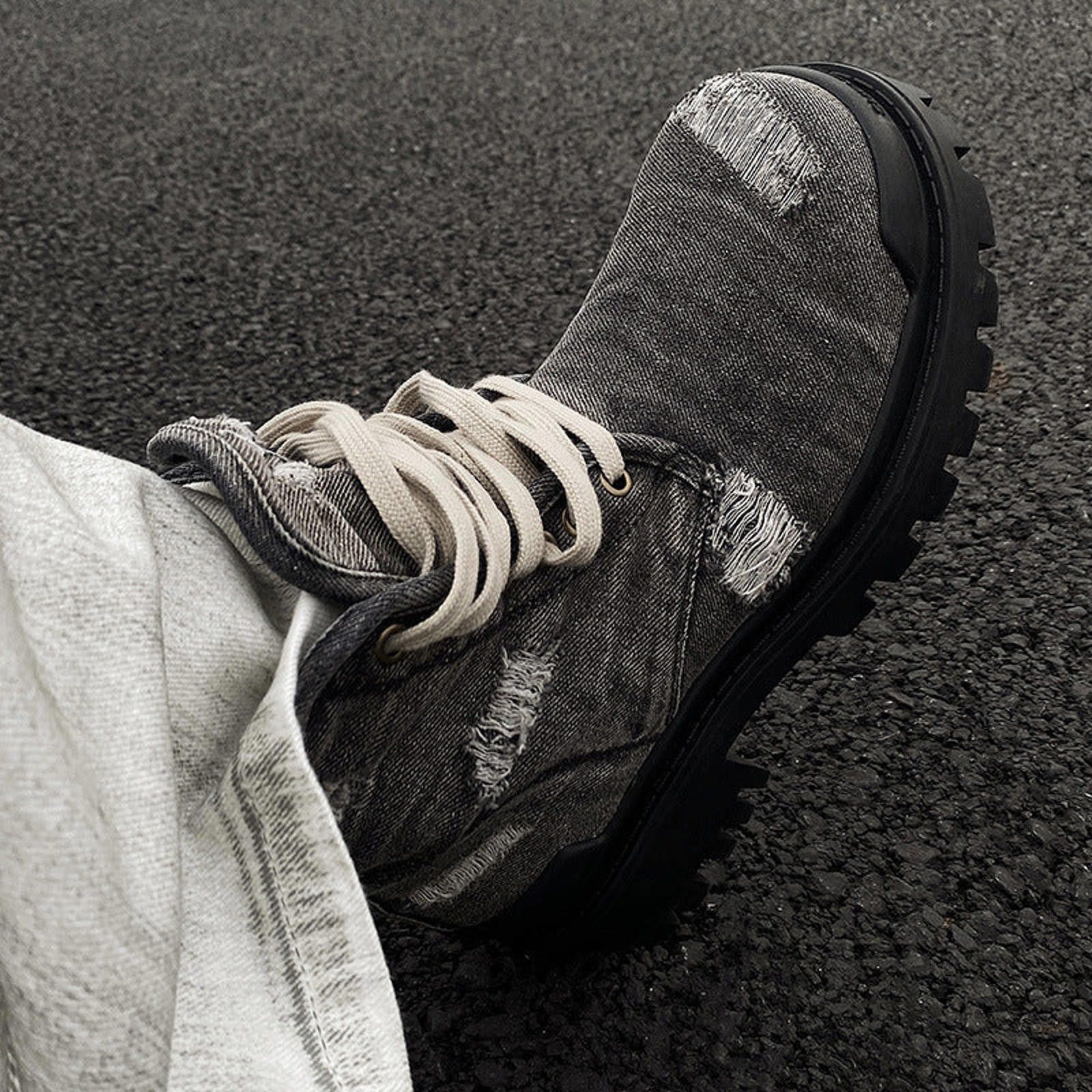 Japanese Brand Blue Distressed Denim Boots | Vintage Wash Thick-Sole Size US 10 / EU 43 - 4 Thumbnail