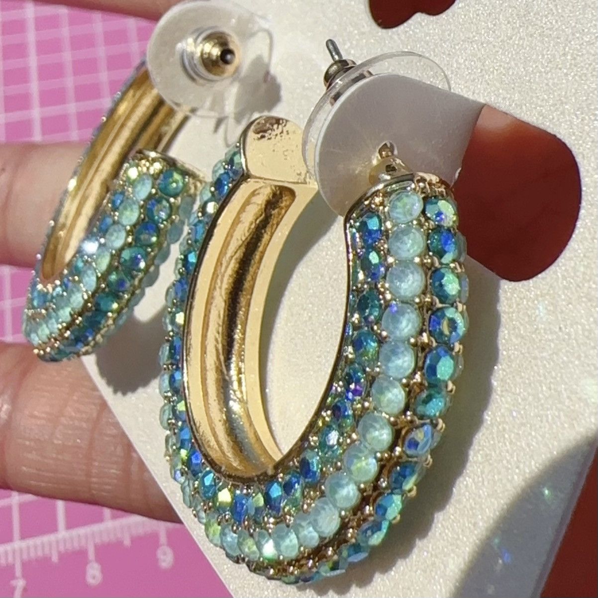 Designer Natasha gold tone Water Blue diamonds paved open loop circle Size ONE SIZE - 4 Thumbnail