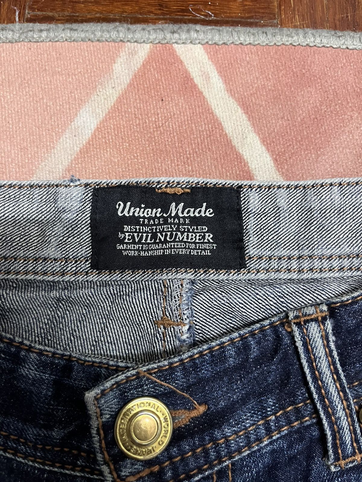 Japanese Brand Evil Number Japan union made distressed big e type fabric Size US 33 - 10 Thumbnail