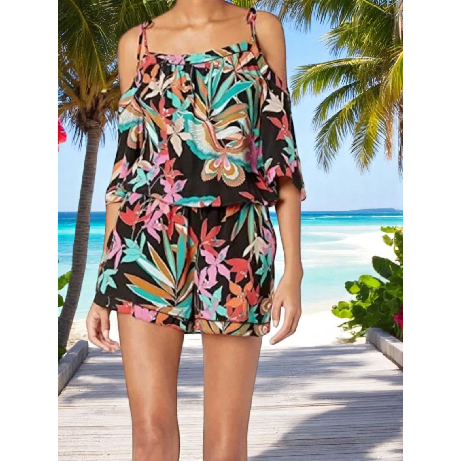 Trina Turk Women's Affable Papillion Palm Print Romper M