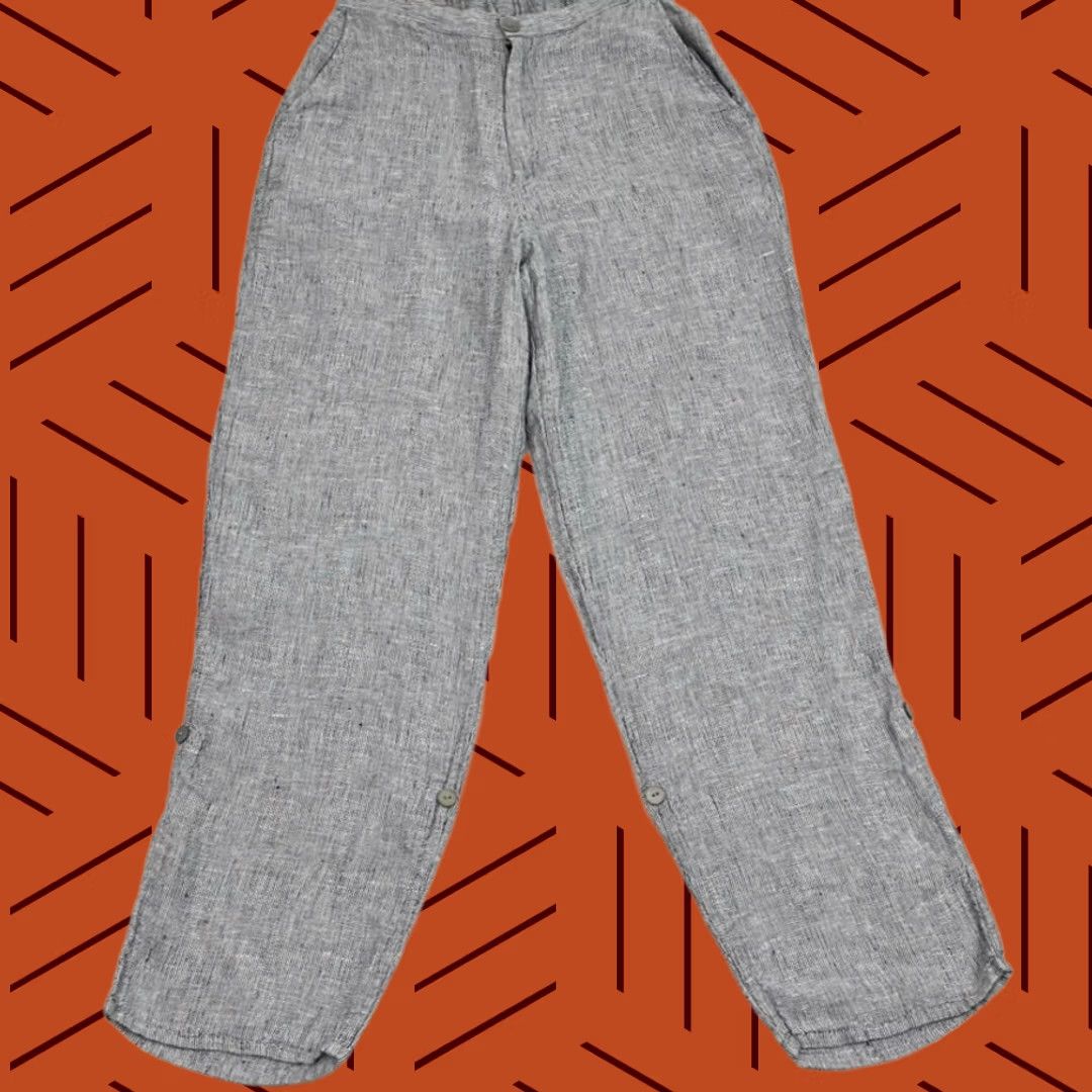 FLAX FLAX Pants Womens S Blue Gray Straight Linen Roll Tab Leg Lagenlook Boho Size 28" / US 6 / IT 42 - 1 Thumbnail