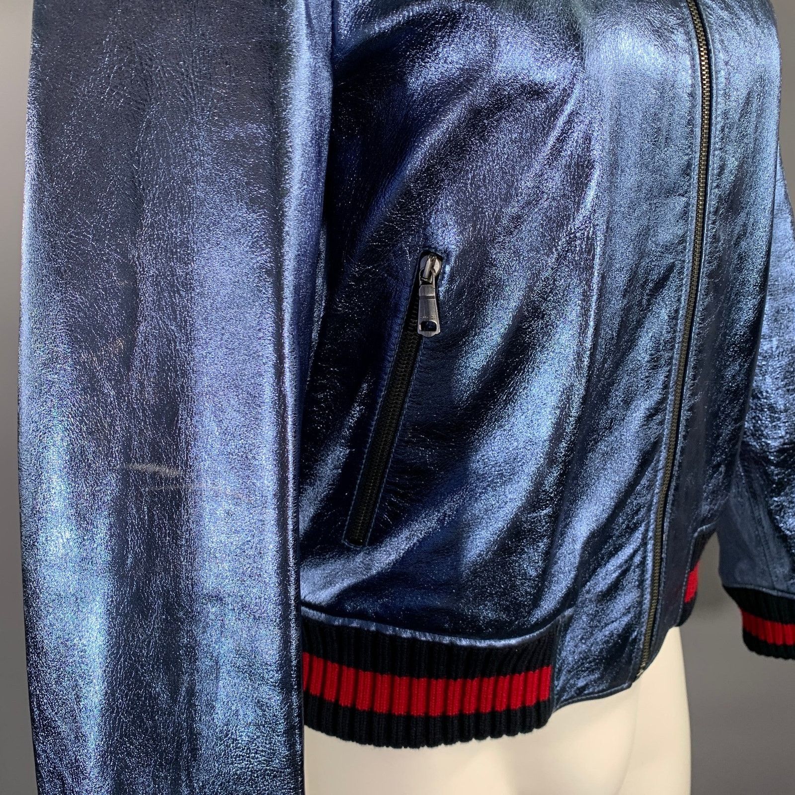Gucci GUCCI Size 36 Blue Metallic Stripe Leather Bomber Jacket Size L / US 10 / IT 46 - 7 Thumbnail