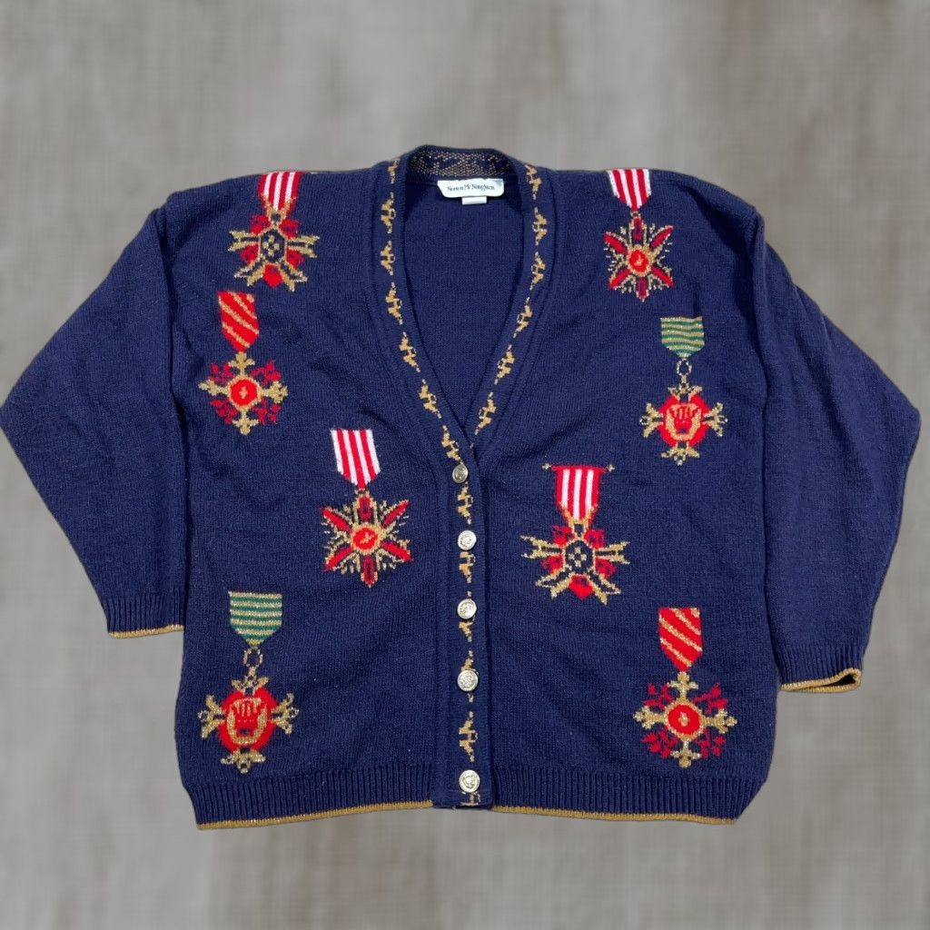 Vintage VINTAGE Norton McNaughton Cardigan Sweater Women Large Navy Medals Equestrian Dark Blue Wool? Size L / US 10 / IT 46 - 1 Thumbnail