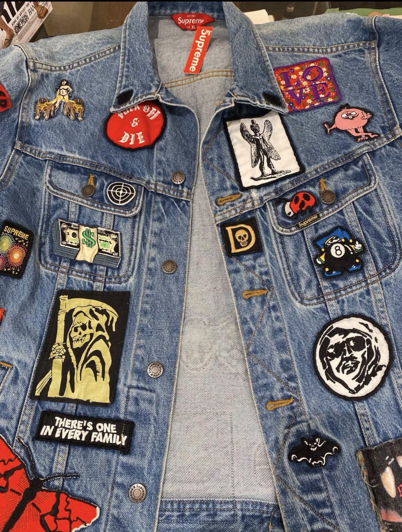 Supreme patches denim trucker jacket outlet blue