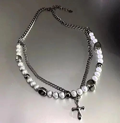 Jewelry Punk Hippie Crucifix Cross Patchwork Pearl Layer Necklace Size ONE SIZE - 2 Thumbnail