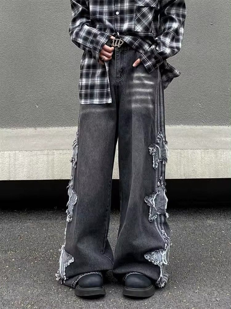 Y2K Streetwear Star Patch Embroidery Baggy Stacked Jeans