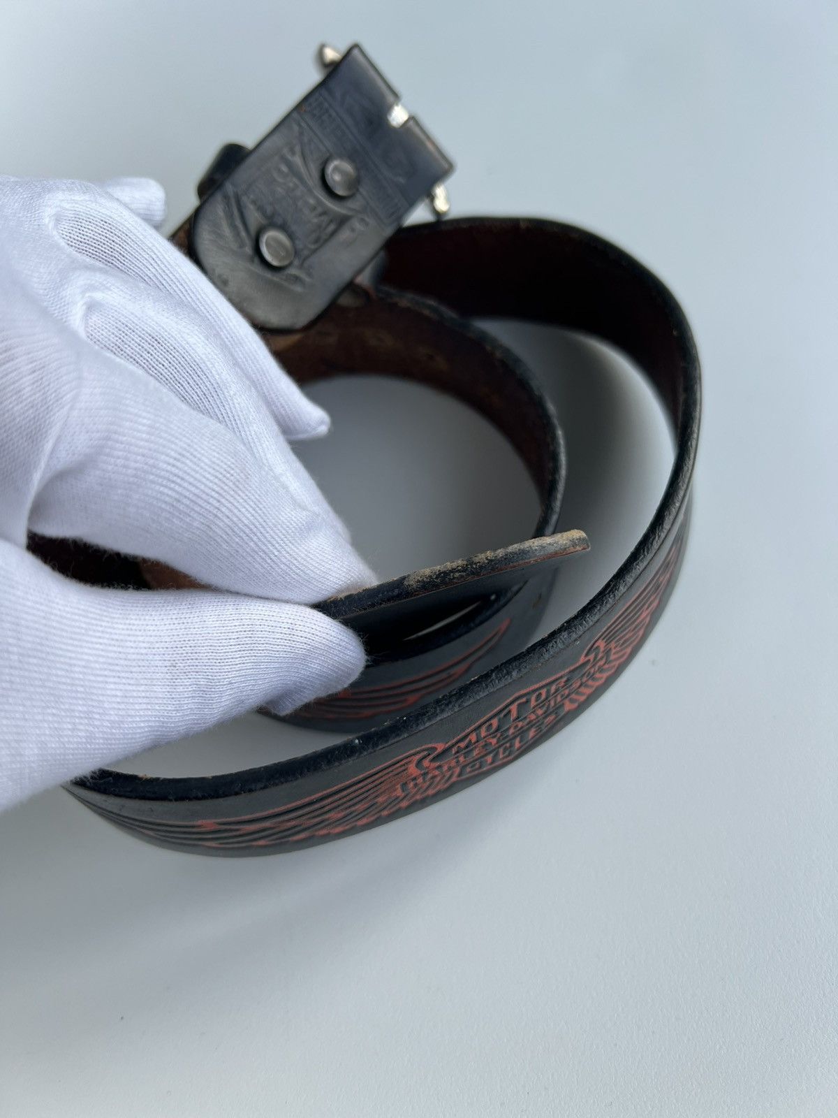 Harley Davidson Harley-Davidson Leather Belt Black Red Wings USA S Vintage Size 30 - 17 Thumbnail