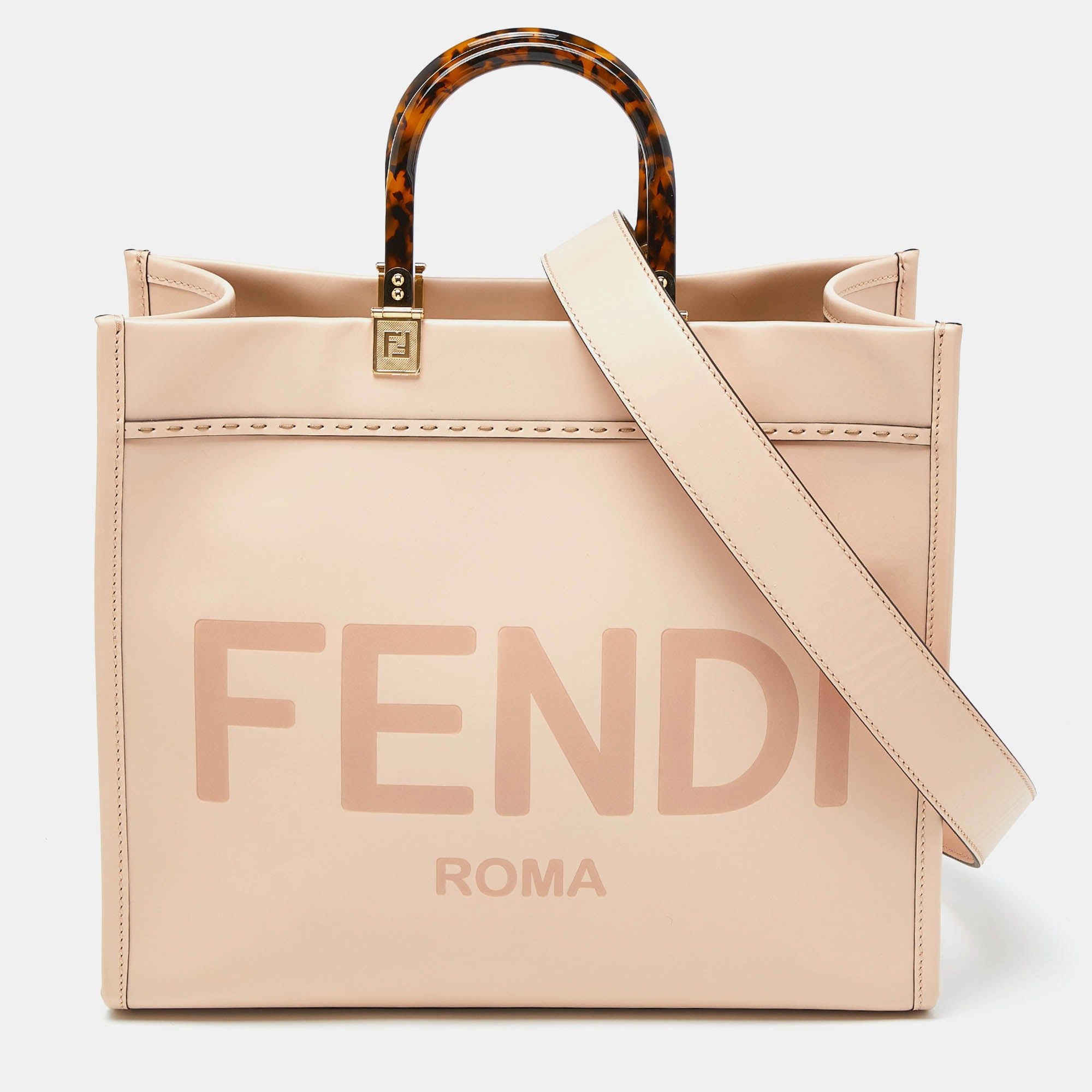 image of Fendi Pink Leather Medium Sunshine Shopper Tote, Women's