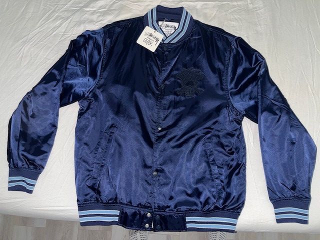 Image of Vintage Stussy Skull Bomber Windbreaker Jacket in Dark Blue, Men's (Size XL)