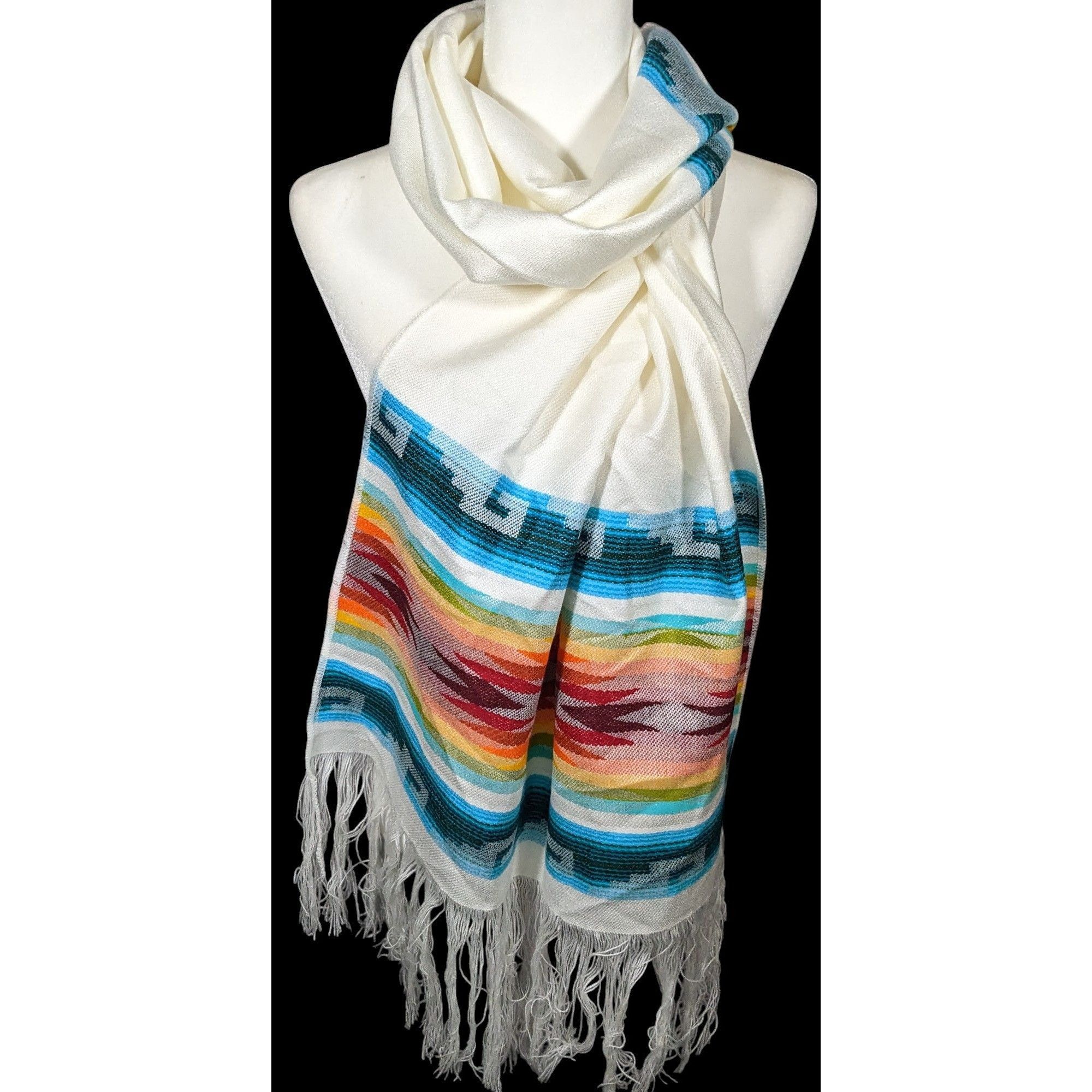 Other Handwoven Southwestern White And Rainbow Scarf With Fringe Size ONE SIZE - 1 Thumbnail