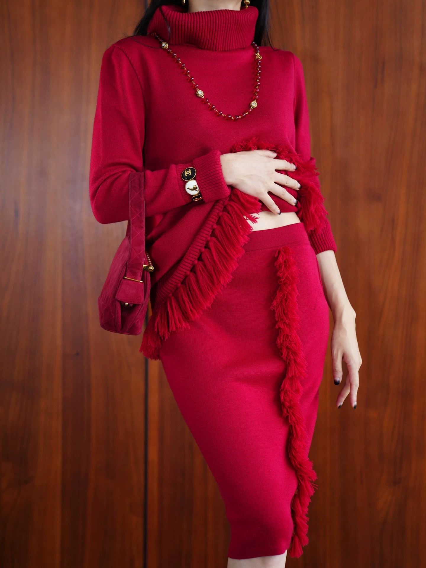 Chanel Chanel Vintage Burgundy Tassel Wool Sweater Skirt Size S / US 4 / IT 40 - 6 Thumbnail