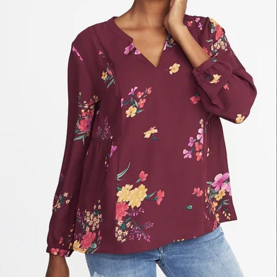 Old Navy Old Navy Womens Maroon Floral Print Swing Blouse Top Sz L Size L / US 10 / IT 46 - 5 Thumbnail