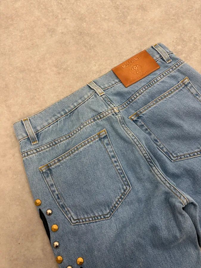 Moschino 1990s Moschino Blue Denim & Black Leather Jeans Size US 39 - 8 Thumbnail