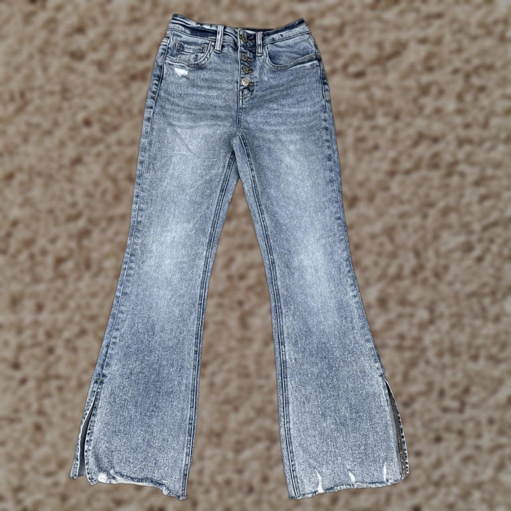 Vintage Flying Monkey Jeans Womens 24 Light Wash High Rise Button Fly Distressed Flare Jeans Size 42" / US 20 - 1 Thumbnail