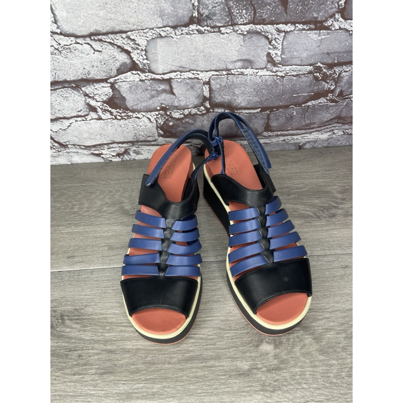 Camper Camper Tropic Black Blue Leather Ankle Strap Wedge Sandals W Size US 5.5 / IT 35.5 - 2 Thumbnail