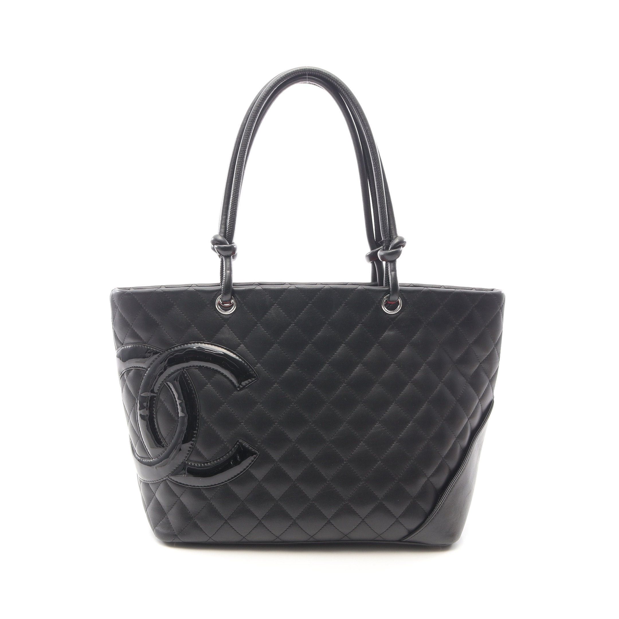Chanel Cambon Line Large Shoulder Bag Tote Leather Patent Black Silver Hardware, Women's