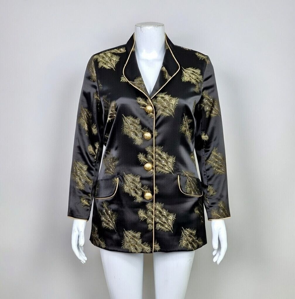 Vintage Vintage Satin Peacock Blazer Black Gold Handmade Size L Size L / US 10 / IT 46 - 2 Thumbnail