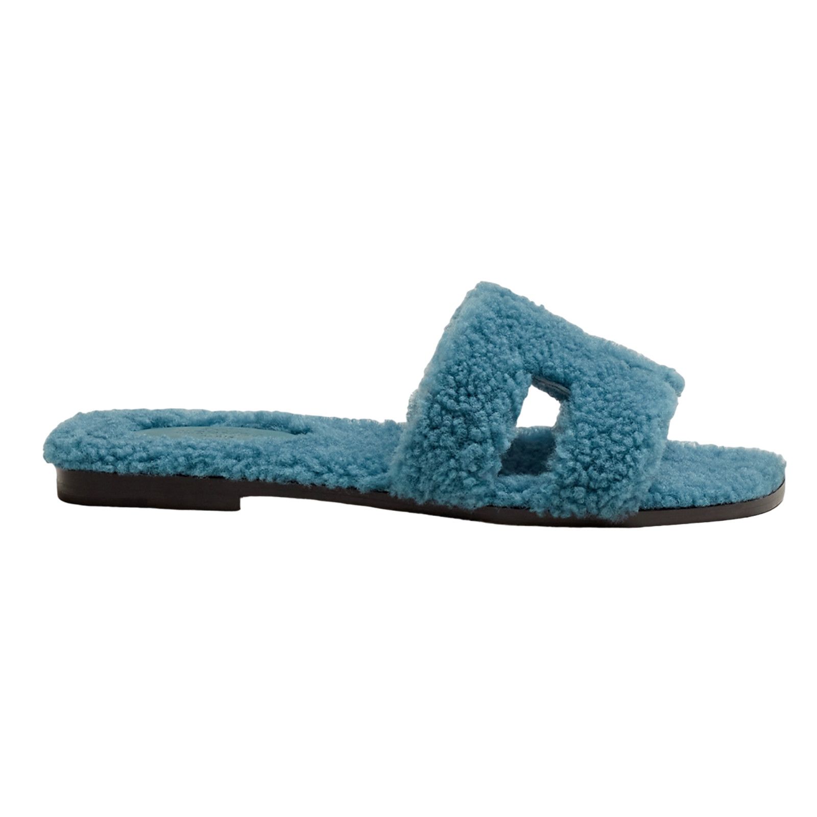 Hermes Hermes Oran Teddy Shearling Fur Blue H Logo Slide Size US 7 / IT 37 - 1 Thumbnail