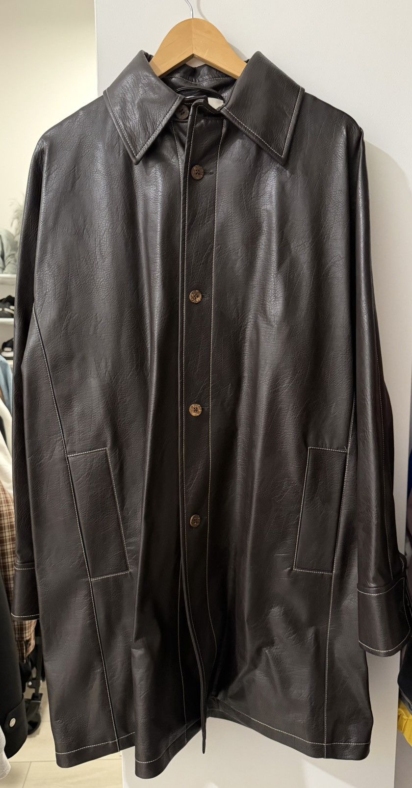Sefr Men's Dark Brown Leather Button-Front Coat SEFR TRICOLA COAT Size US M / EU 48-50 / 2 - 1 Thumbnail