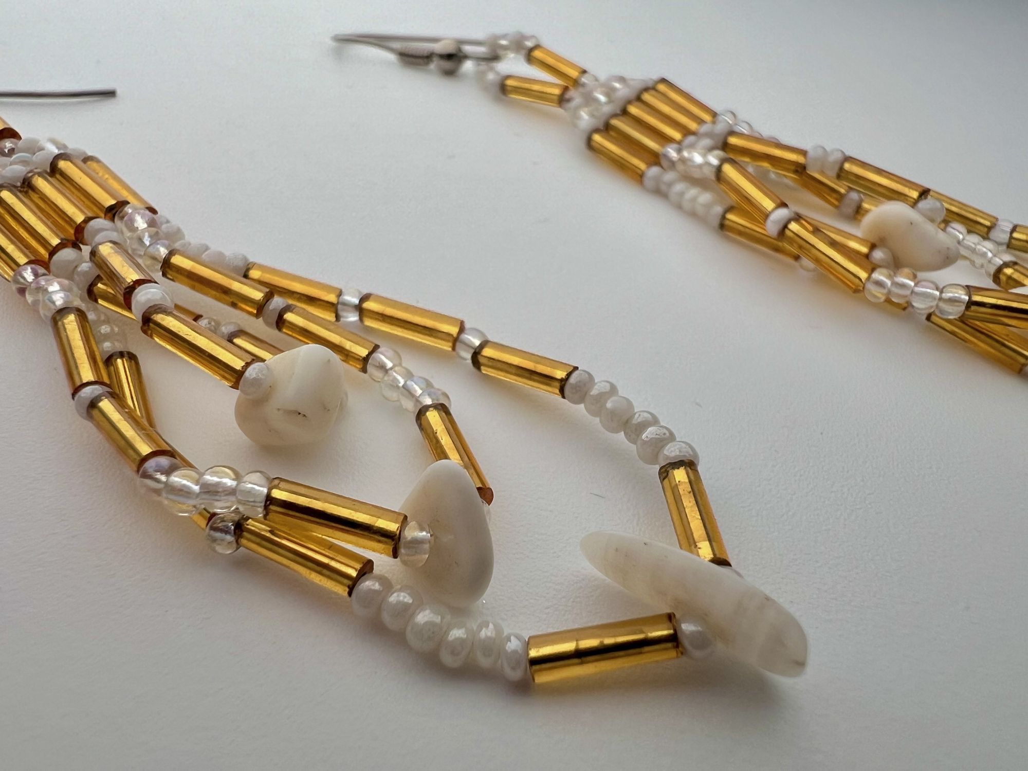 Designer Handmade Gold & White Beaded Dangle Earrings Pierced Ears Size ONE SIZE - 2 Thumbnail