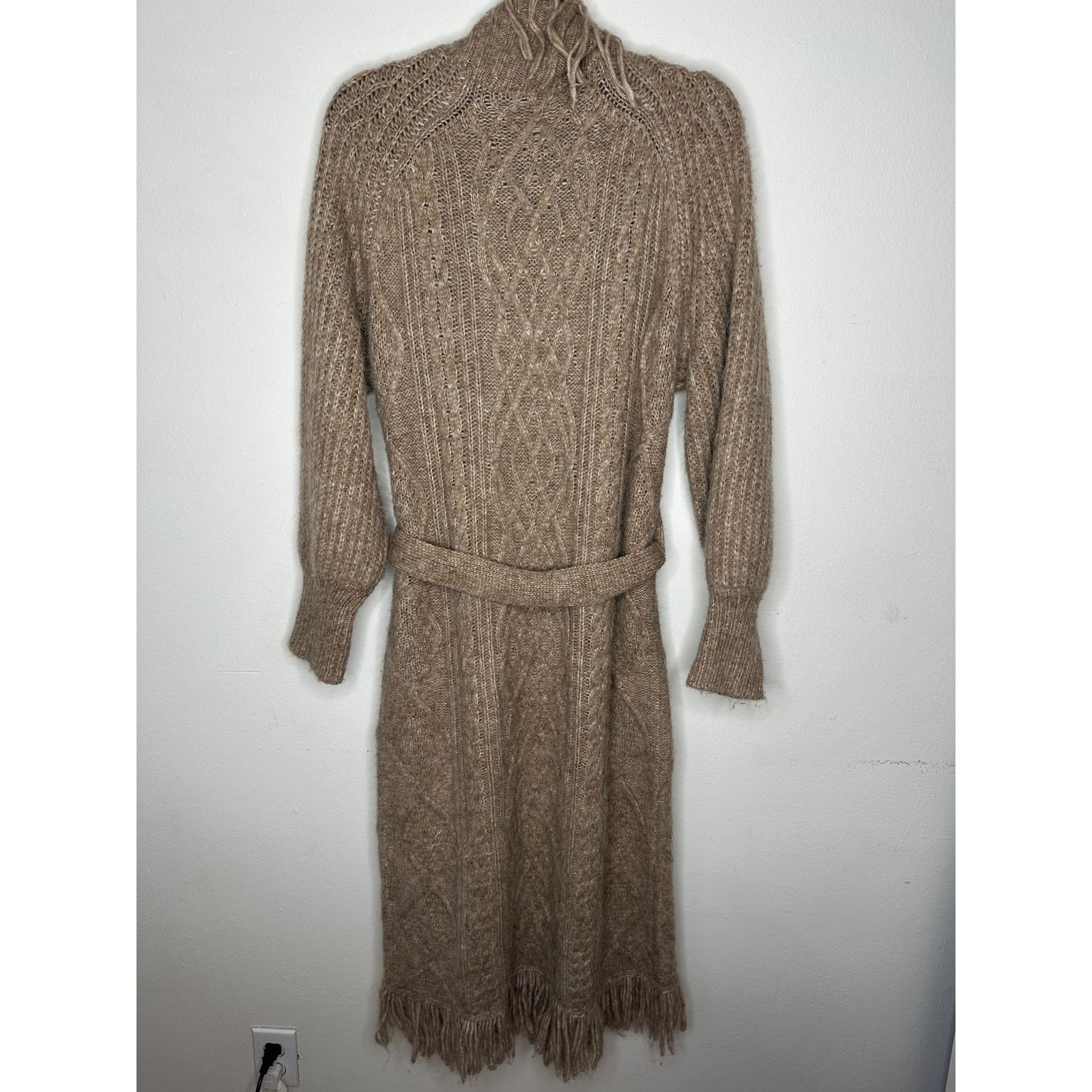 Other Olivaceous Tan Cream Cable Knit Fringe Trim Midi Cardigan L Size L / US 10 / IT 46 - 6 Thumbnail
