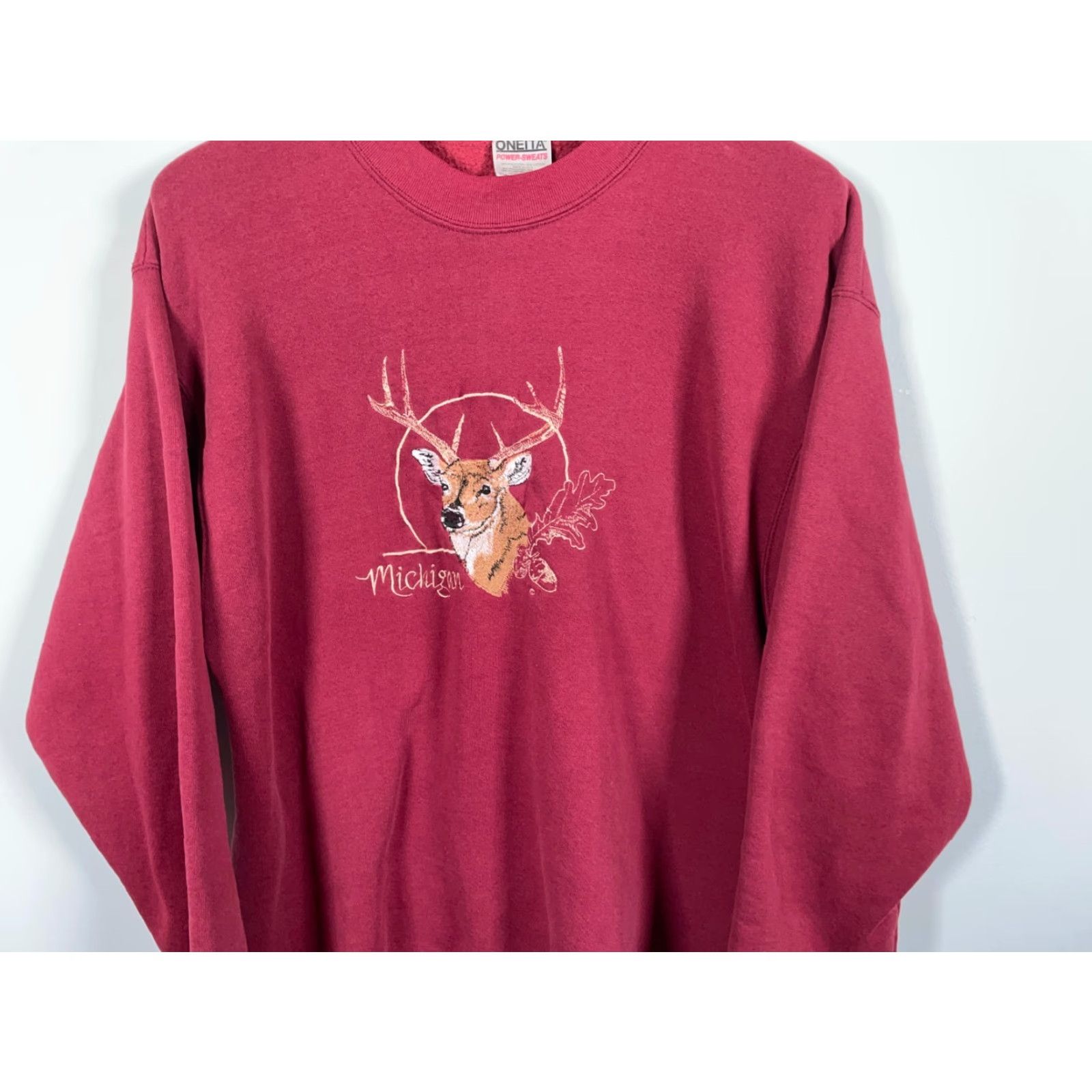 Vintage VINTAGE Oneita Michigan Sweatshirt Men XL Dark Red Embroidered Deer Crewneck Heavyweight Cotton Blend Fleece 90s Size US XL / EU 56 / 4 - 4 Thumbnail