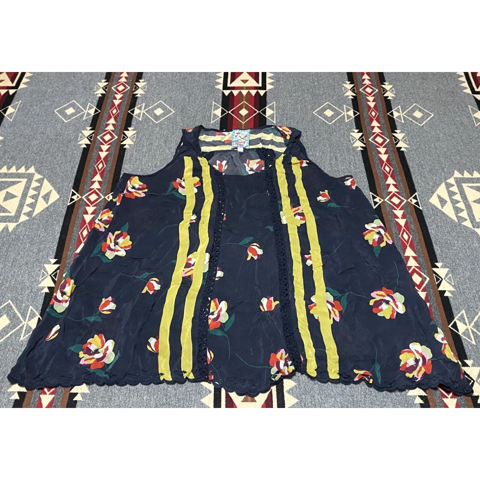 image of Johnny Was Floral Cupro Emily Top Sleeveless Size L Blue Yellow C17421B2 B4 in White, Women's