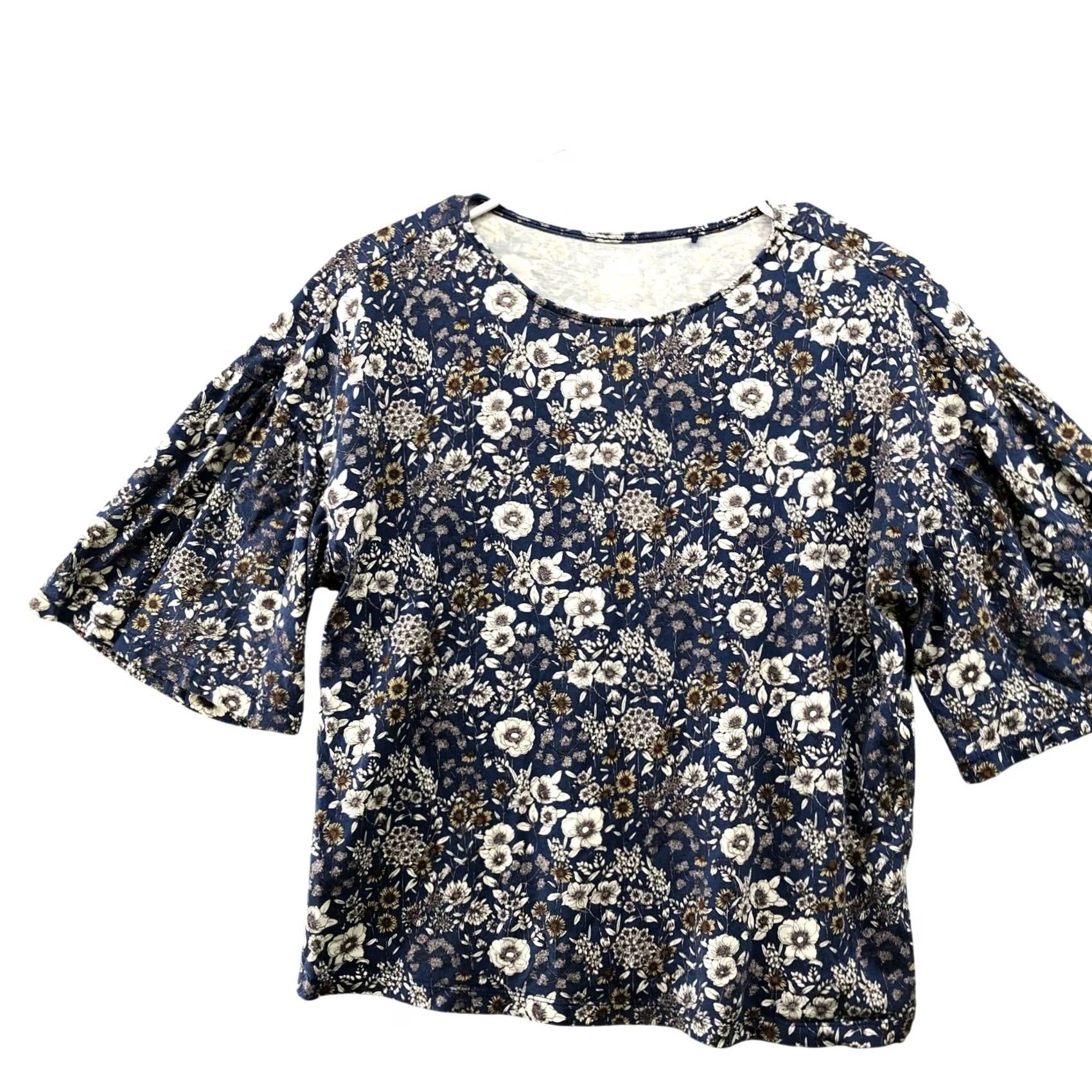 Uniqlo Uniqlo T-Shirt Womens S Blue Crewneck Short Sleeve Bell Ruffle Floral Size S / US 4 / IT 40 - 2 Thumbnail