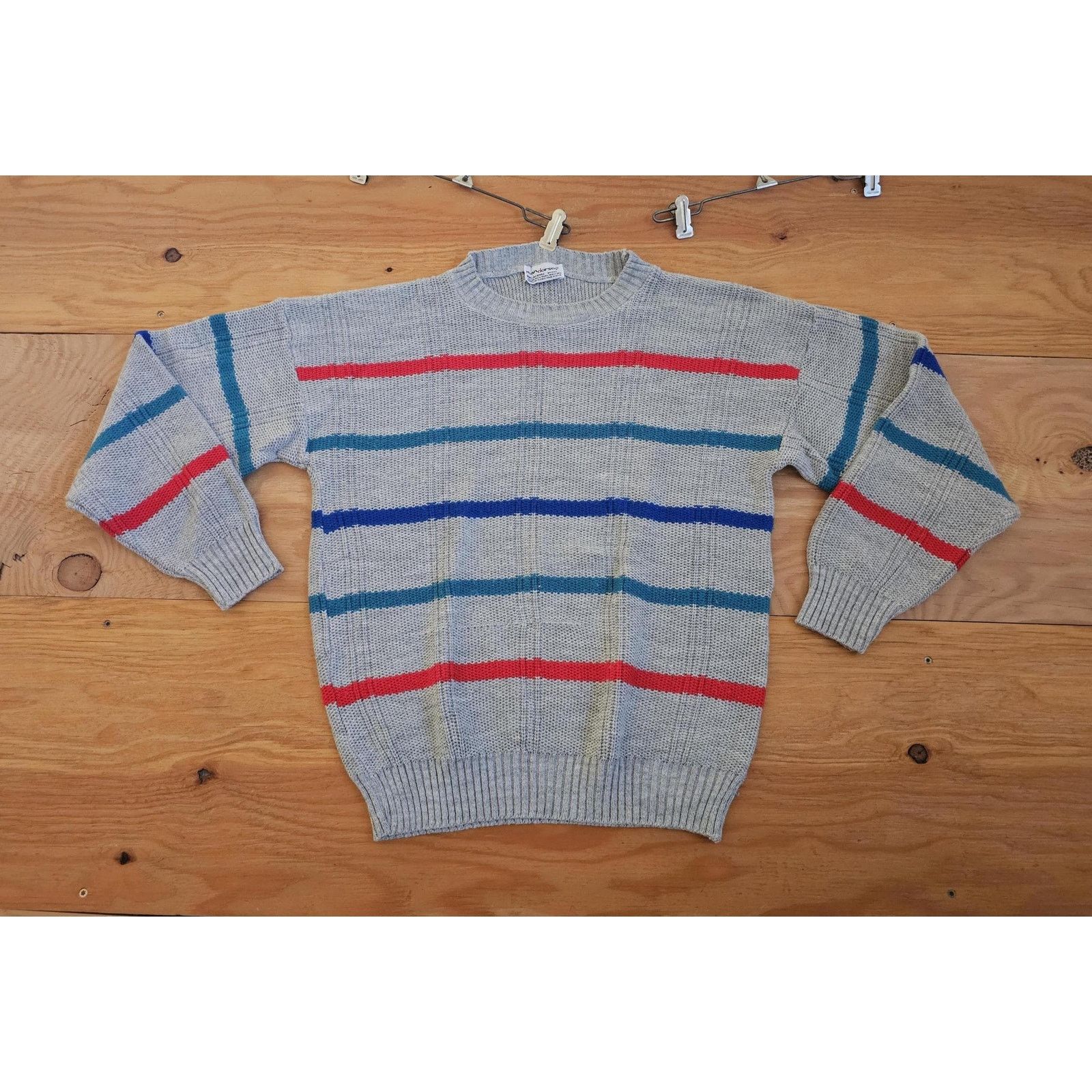 Other Striped Knit Sweater - 80s Gray Blue Red Pullover Sz L 1980s Size US L / EU 52-54 / 3 - 1 Thumbnail