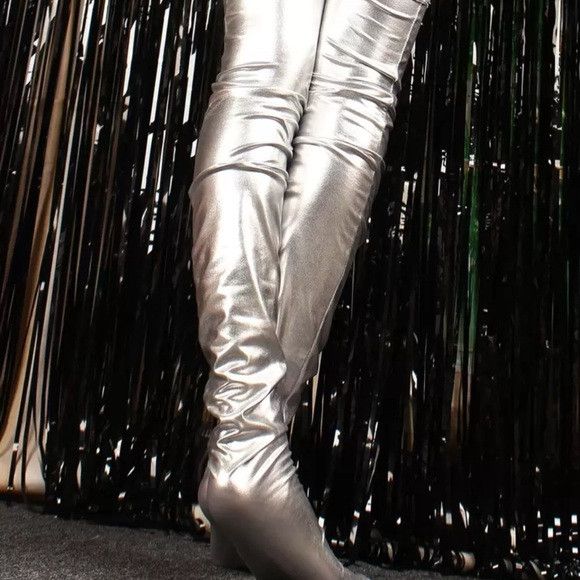 Other Women Silver Shinny Pattern Leather Over Knee Stocking Size ONE SIZE - 5 Thumbnail