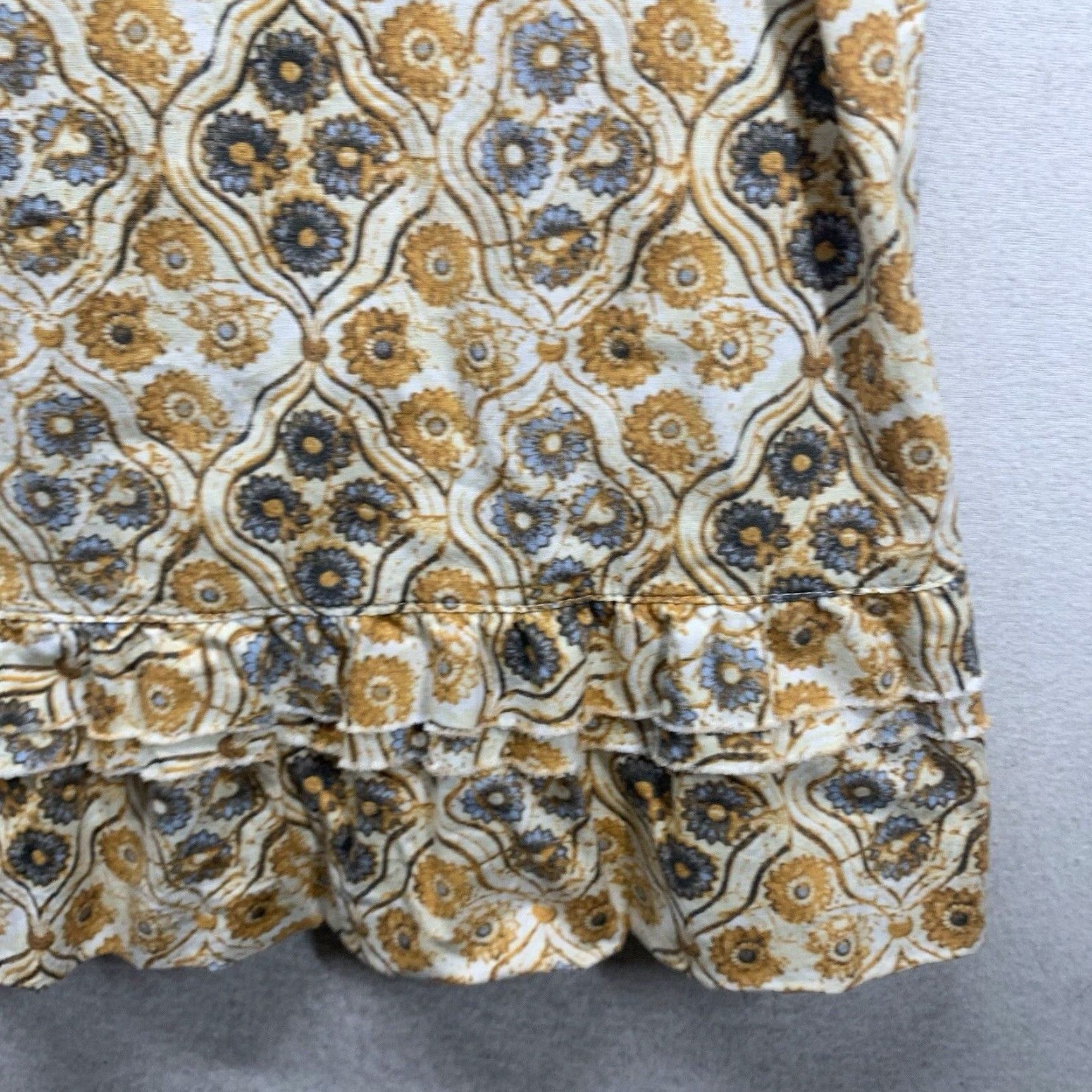 Vintage Patrick Robinson Women's Floral Midi Dress Yellow Blue Ruffle Empire Waist Stretch Cotton Blend Size M / US 6-8 / IT 42-44 - 7 Thumbnail