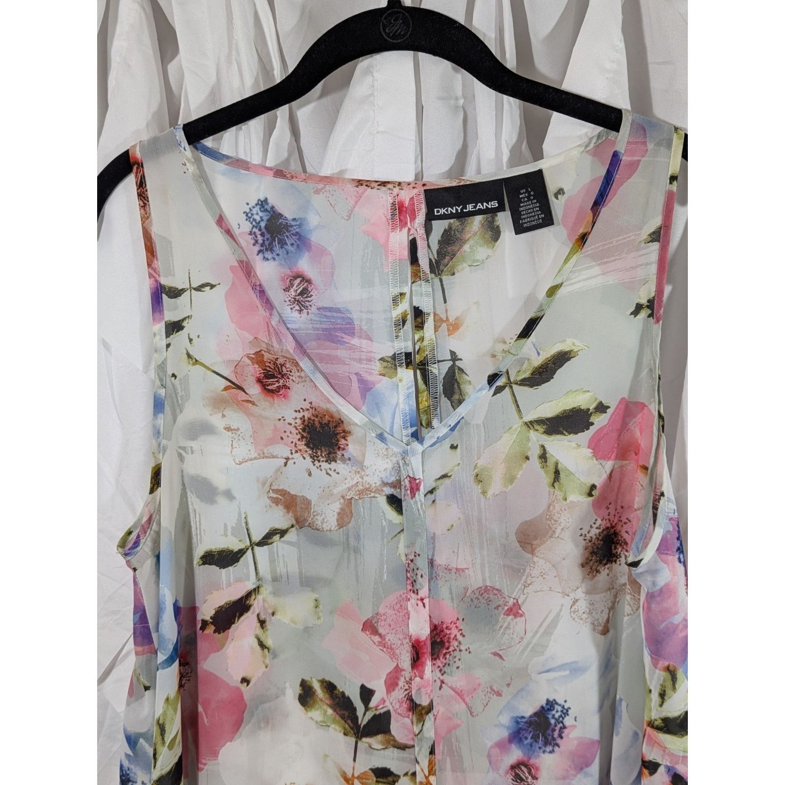 DKNY Sheer Floral V-Neck Shark Bite Hem L Boho Whimsigoth Keyhole Size L / US 10 / IT 46 - 2 Thumbnail