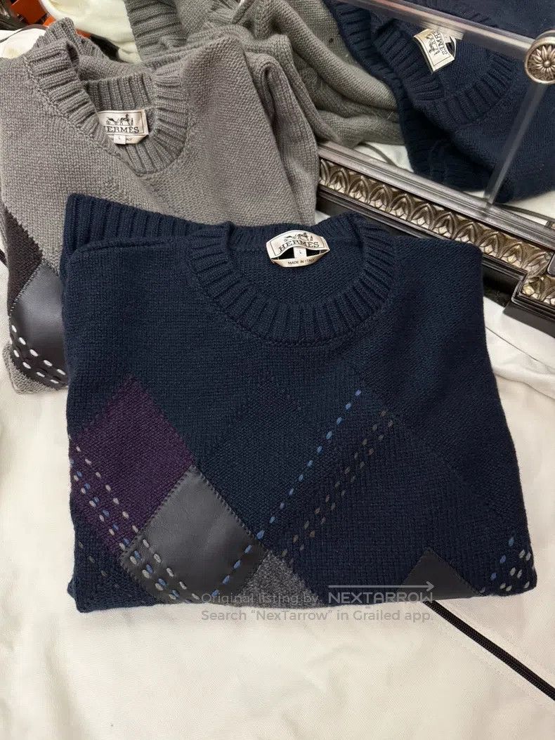 Hermes Hermes Men's Knit and Leather Embellished Fashion Sweater Size US L / EU 52-54 / 3 - 4 Thumbnail