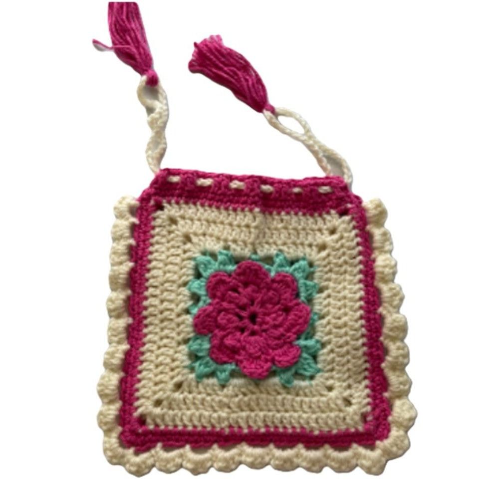 Handmade Crochet Purse Granny Square 3D Flower Pink Mint Cream 9" Dra Size ONE SIZE - 5 Thumbnail